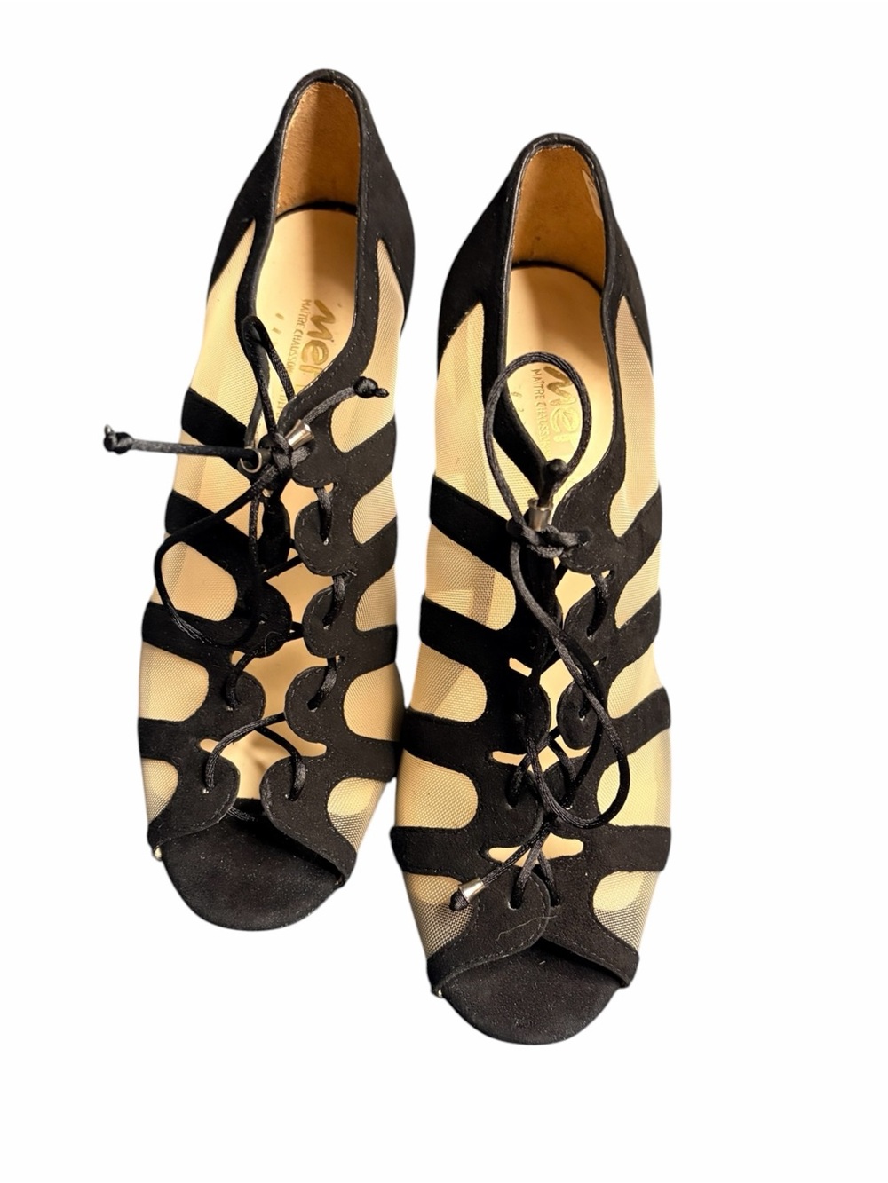 MERLET Sya Black Lace-Up Cutout Peep-Toe Ballroom Heels - Picture 3 of 11